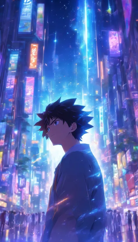 /imagine prompt: A young man with a slight smile, eyes shining with anticipation, surrounded by dim environment with a magnificent electronic screen floating in front of him, ,32k, best quality, masterpiece, super detail, high details, by Makoto Shinkai ,i...