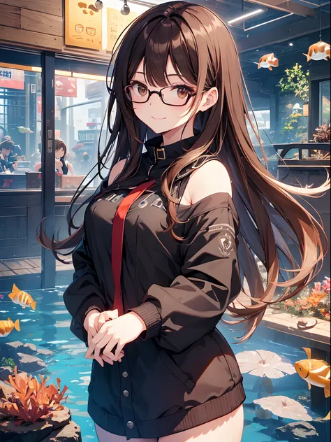 1人の女性、brown haired(Curta)、Brown eyes、Black-rimmed glasses、 Best Quality、ultra-detailliert、8K resolution、Raw photo、masutepiece、gorgeous faces、Perfect body、Aquarium Date、a smile