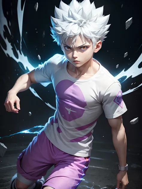 (full body)(masterpiece)(hyper realistic)"Step into the world of Killua Zoldyck with this visually descriptive and detailed image, showcasing his electrifying presence in full body. With a range of styles and variations, this 3D rendering will bring your f...