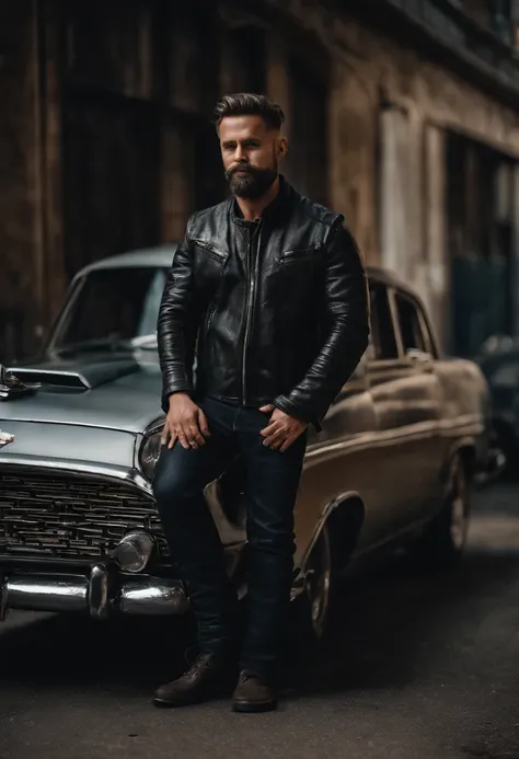 person wearing cap and round face long hair short beard and wearing leather jacket standing front of the car having sixpack body