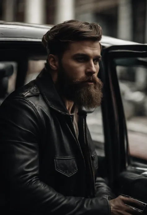 person wearing cap and round face long hair short beard and wearing leather jacket standing front of the car having sixpack body