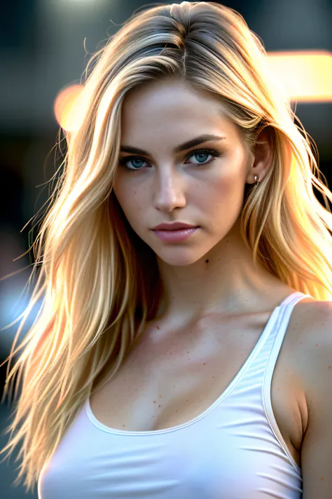 gorgeous woman with extra long wavy blonde hair, detailed alluring eyes, long sexy legs, wearing tiny shorts, t-shirt, ((detailed facial features)), (finely detailed skin), pale skin, realistic skin texture, extreme skin details, (pores:0.1), in the backgr...