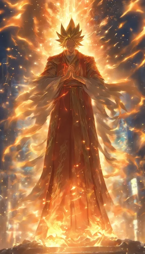 /imagine prompt: The majestic Saint stands on a high platform, holding a staff radiating immense power, the ground shattering and flames splattering as he extends his arm forward. The remains of Xiao Huohuo are scattered around. ,32k, best quality, masterp...