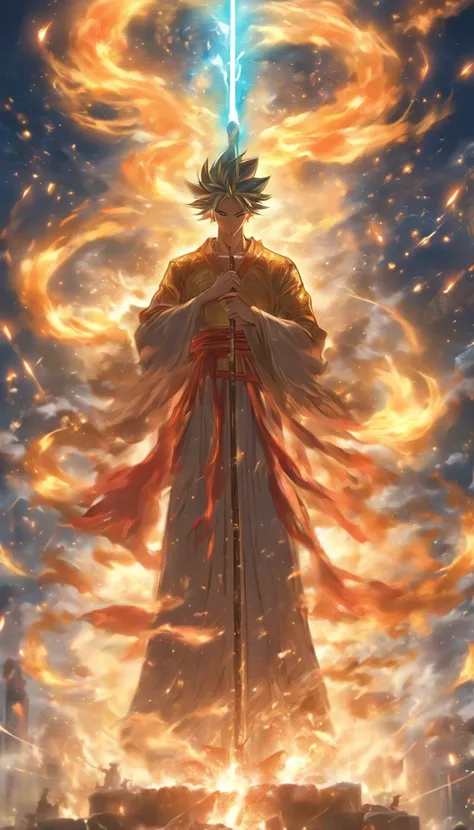 /imagine prompt: The majestic Saint stands on a high platform, holding a staff radiating immense power, the ground shattering and flames splattering as he extends his arm forward. The remains of Xiao Huohuo are scattered around. ,32k, best quality, masterp...