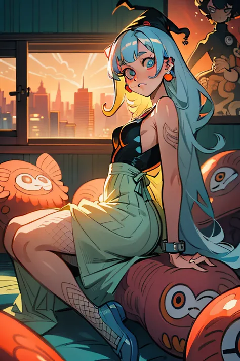 Blue aqua hair with yellow and white streaks GIRL studying with sunset on her window, anime, he lives in a building. Sitting on legs with feet soles facing camera in ballerina shoes with big butt and hips with face over looking over shoulders back into cam...