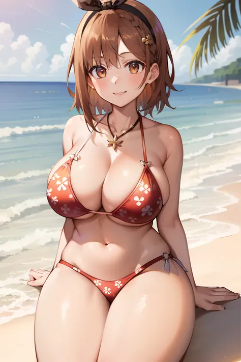 ​masterpiece、top-quality、hight resolution、1girl in, Naughty big、Big breasts emphasis, 独奏,(Bikini with white floral pattern),(the beach),A smile、sitting on、