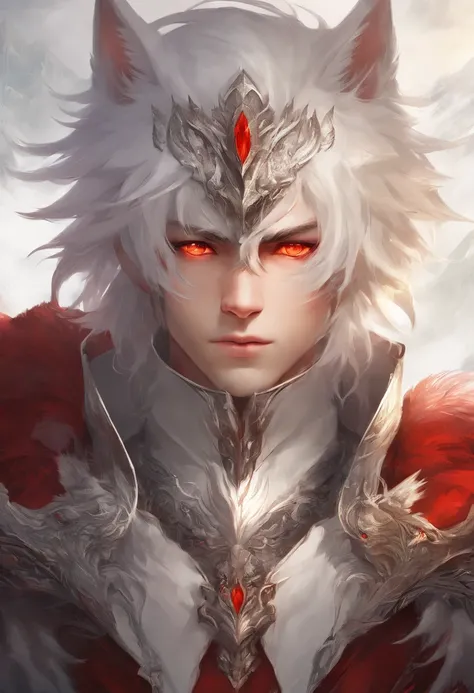 1boy, white hair. wolf cut haircut. red eyes, bio tech red living armor, post apocalyptic ciy, high res, ultrasharp, 8k, masterpiece, looking at viewer