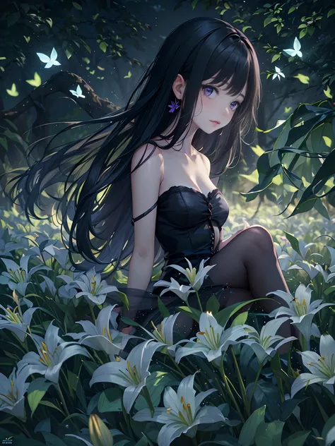 1girl, detail face, long black hair, purple eyes, black dress modern, blushing, sitting on , high land, tree, dark field flowers white lily,  fireflies, night light, absurdres, high res, ultrasharp, 8k, masterpeace, view from