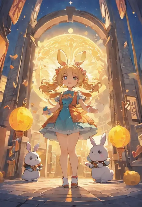 Mid-Autumn Festival, Cute fairy, Dressed in overalls and a rabbit playing next to the girl, Moon cake, Auspicious clouds, Behind the huge moon, Behind a huge gas station, Warm colors, abstract pictures, Pixar style, 3d effect, Disney style, Clear contour l...