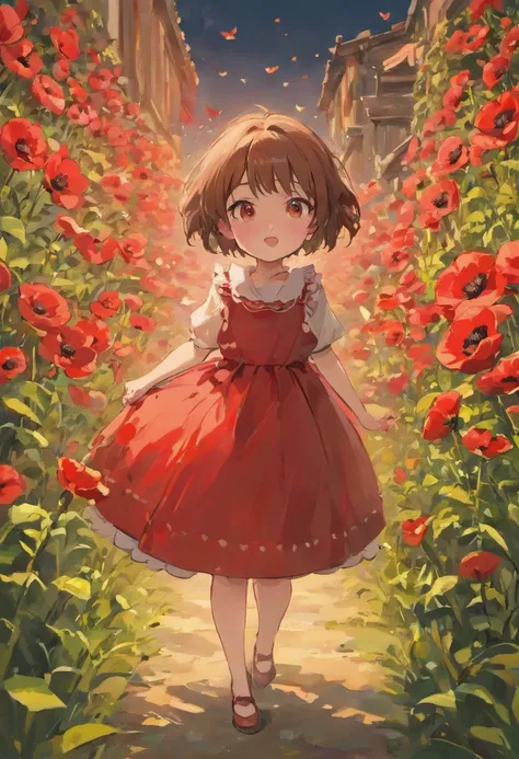 Illustration of a girl, con un vestido rojo, playing in a poppy garden, short brown hair, kids book illustration, cute storybook illustration, Adorable pintura digital, illustration for children, childrens illustration, Lindo arte digital,