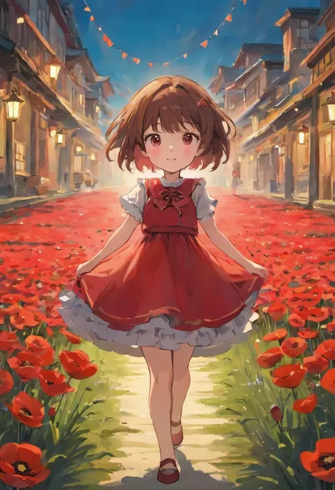 Illustration of a girl, con un vestido rojo, playing in a poppy garden, short brown hair, kids book illustration, cute storybook illustration, Adorable pintura digital, illustration for children, childrens illustration, Lindo arte digital,