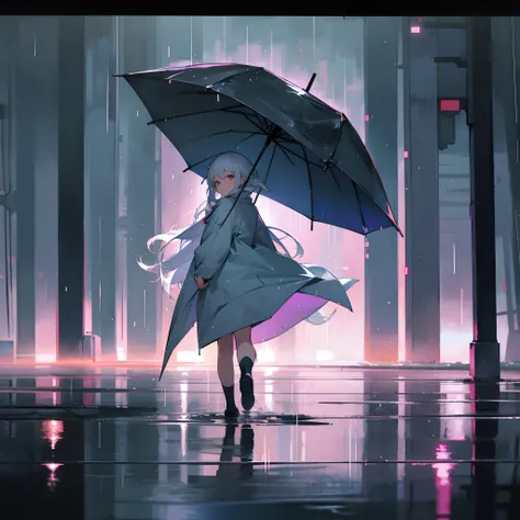 Beautiful anime girl walking in rain wearing drenched clothes, white hair, cute and beautiful