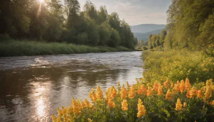 The river flows,Reflecting the sky,Seasonal flowers too,light and shadows