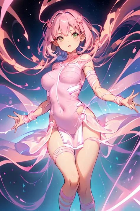 (1Girl,Solo,Young woman), ((((Glowing, Pink, Bands, dress, wrapping, around the entire torso from the feet down)))), floating, standing, ((completely_nude)), Violet hair, long hair, Big_tits, curvy_things, long_knee, tall, glamorous,