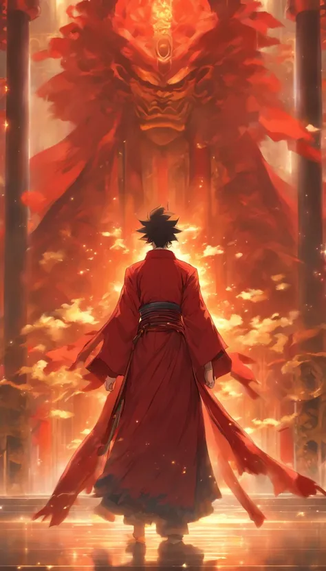 /imagine prompt: A confident young man standing in front of the grand hall of the Red Robe Sect, holding a large pile of escape talismans, the grand hall exuding a mysterious aura, with a majestic Sword Sect Master inside, ,32k, best quality, masterpiece, ...