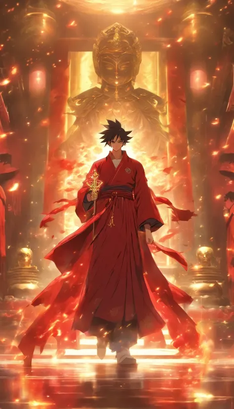 /imagine prompt: A confident young man standing in front of the grand hall of the Red Robe Sect, holding a large pile of escape talismans, the grand hall exuding a mysterious aura, with a majestic Sword Sect Master inside, ,32k, best quality, masterpiece, ...