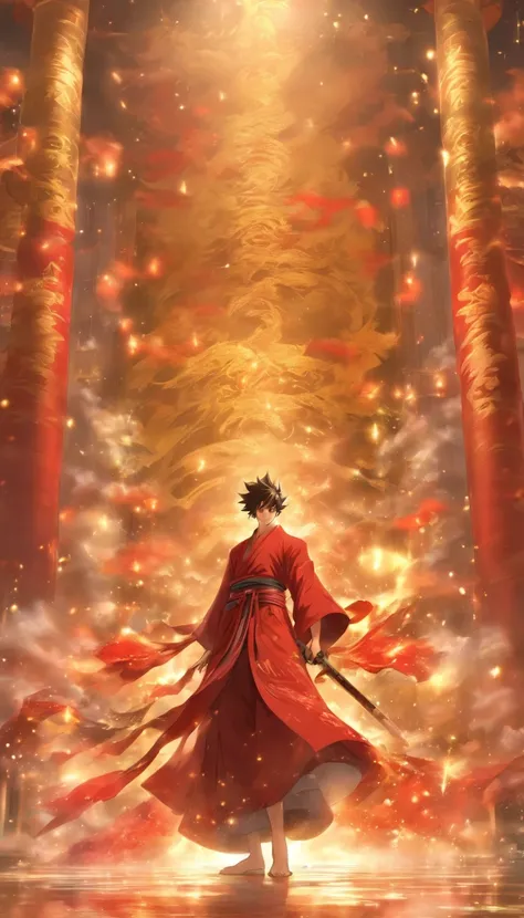 /imagine prompt: A confident young man standing in front of the grand hall of the Red Robe Sect, holding a large pile of escape talismans, the grand hall exuding a mysterious aura, with a majestic Sword Sect Master inside, ,32k, best quality, masterpiece, ...