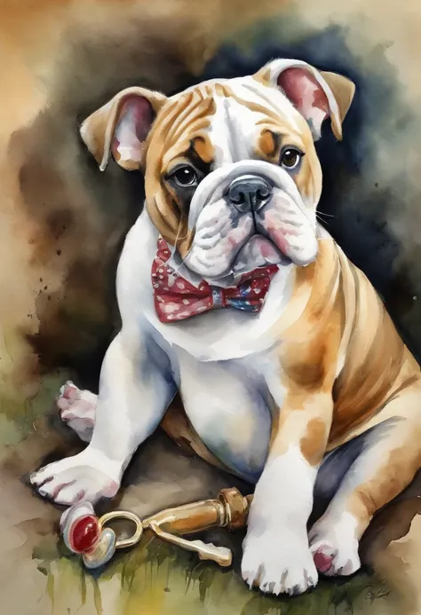 Make an English Bulldog Merle baby with pacifier in mouth, holding a little bone in his hand