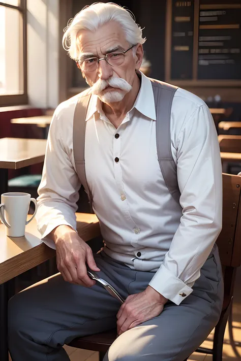 an elderly man with white hair, a moustache, a paunch, wearing a long-sleeved shirt and pants, sitting in a café.