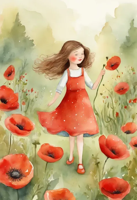 Illustration of a girl, con un vestido rojo, playing in a poppy garden, short brown hair, kids book illustration, cute storybook illustration, Adorable pintura digital, illustration for children, childrens illustration, Lindo arte digital,