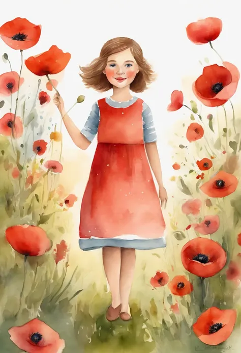 Illustration of a girl, con un vestido rojo, playing in a poppy garden, short brown hair, kids book illustration, cute storybook illustration, Adorable pintura digital, illustration for children, childrens illustration, Lindo arte digital,