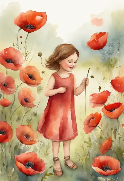 Illustration of a girl, con un vestido rojo, playing in a poppy garden, short brown hair, kids book illustration, cute storybook illustration, ADorable pintura Digital, illustration for children, childrens illustration, Hermoso arte digital,