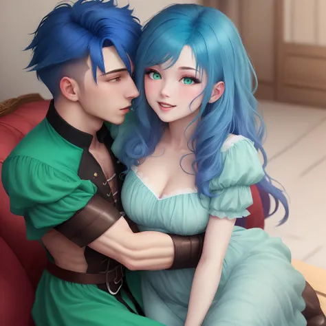 Blue-haired guy with blue blue hair in a duke costume kissing a girl with crimson hair and emerald eyes in a fluffy green dress