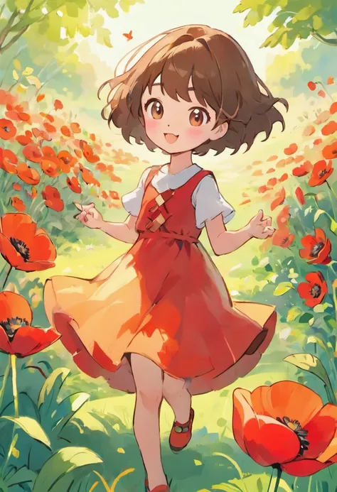 Illustration of a girl, con un vestido rojo, playing in a poppy garden, short brown hair, kids book illustration, cute storybook illustration, ADorable pintura Digital, illustration for children, childrens illustration, hermoso arte digital,