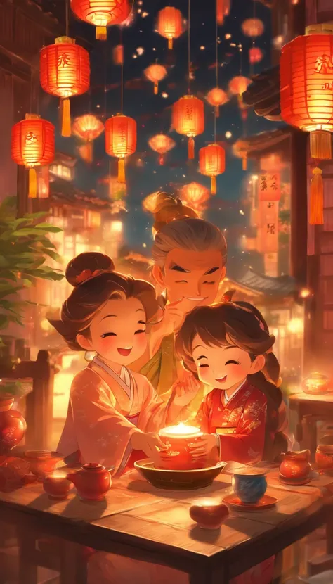 Family made at the table，Men honor their parents with gifts in their hands, , Happy family, There are mooncakes on the table,Gift in hand， tea drinking and paper lanterns, warm and joyful atmosphere, Digital illustration, Poster illustration, kid, , digita...