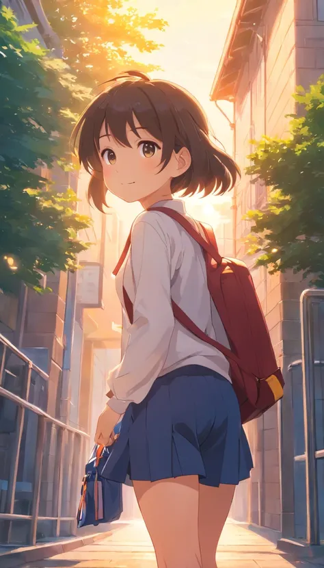 A cheerful little girl，Carrying a school bag，Hold the straps of the bag with both hands，Wear a white top, Dark sweatpants, and school uniforms，Greeting the rising sun，Walk towards the school