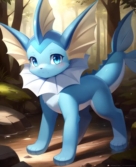 vaporeon, ancesra, feral, female, anatomically correct, by ancesra, 1girl, solo, forest, detailed, detailed background, best qua...