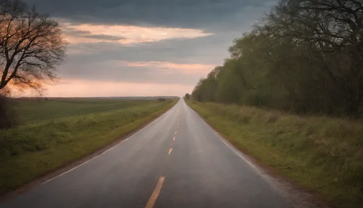 Elongated road,Distant home,The sky changes to dusk,