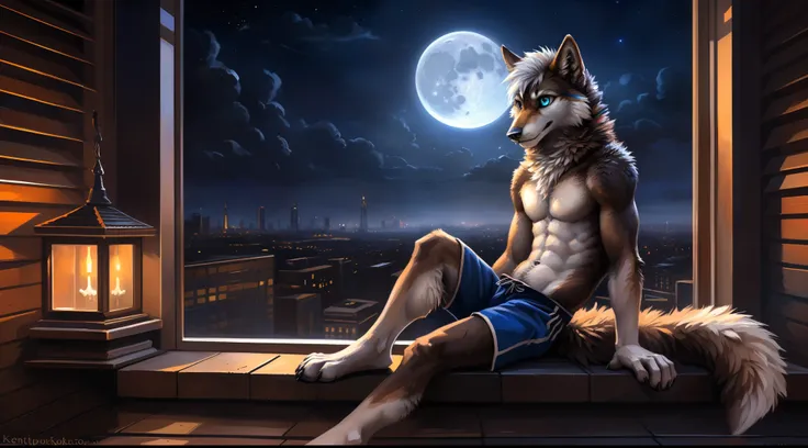 ((Solo)), male people, anthro wolf, (Multi-colored fur, White-brown:1.3), ((Wolf face, White hair, Big eyes, White eyelids, Blue pupil, Slim:1.2) (Tough, Calm expression:1.2)), Abs, Slim, pinging)), (Correct anatomy), (Work shorts:1.1), (Contour bone:1.2),...