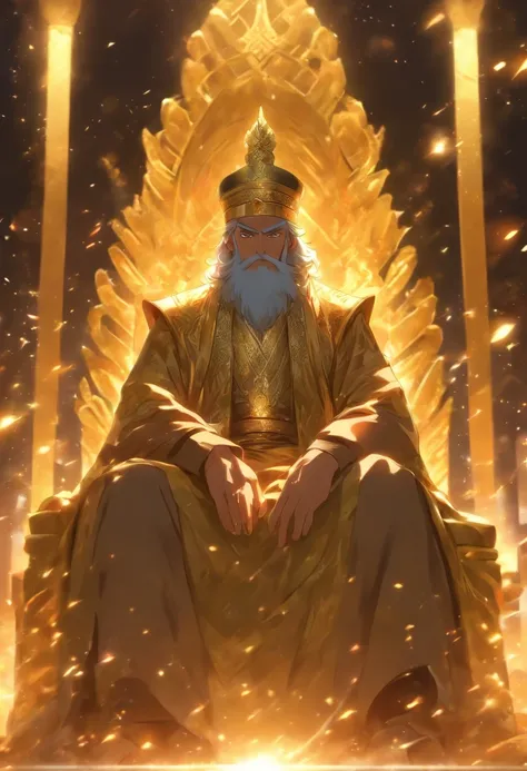 /imagine prompt: A majestic Islamic leader sitting on a golden throne, with a huge Islamic flag behind him, and a humble disciple kneeling before him, ,32k, best quality, masterpiece, super detail, high details, by Makoto Shinkai ,in the style of the stars...