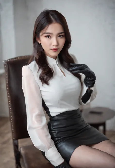 Black leather gloves with five fingers in both hands, black leather tight skirt, white blouse, black leather long boots, Japanese girl with straight black hair, sit on a leather chair with her feet aligned, both hands of leather gloves are aligned on her k...