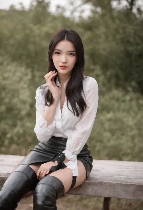 Black leather gloves with five fingers in both hands, black leather tight skirt, white blouse, black leather long boots, Japanese girl with straight black hair, sit on a leather chair with her feet aligned, both hands of leather gloves are aligned on her k...