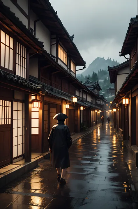 arafed view of a village with a lot of lights on the buildings, dreamy chinese town, chinese village, amazing wallpaper, japanese town, japanese village, hyper realistic photo of a town, old asian village, japanese city, by Raymond Han, rainy evening, cybe...