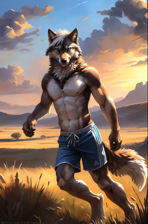 ((Solo)), male people, anthro wolf, (Multi-colored fur, White-brown:1.3), ((Wolf face, White hair, Big eyes, White eyelids, Blue pupil, Slim:1.2) (Tough, Calm expression:1.2)), Abs, Slim, pinging)), (Correct anatomy), (Work shorts:1.1), (Contour bone:1.2),...