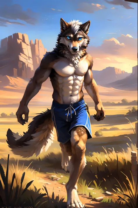 ((Solo)), male people, anthro wolf, (Multi-colored fur, White-brown:1.3), ((Wolf face, White hair, Big eyes, White eyelids, Blue pupil, Slim:1.2) (Tough, Calm expression:1.2)), Abs, Slim, pinging)), (Correct anatomy), (Work shorts:1.1), (Contour bone:1.2),...