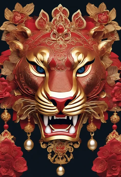 (Best picture quality, 4k,8k, high quality, masterpiece :1.2), super detail, (realistic, realistic, realistic :1.37), in the New Year festival, traditional lion dance performance, (a girl holding red gold thread hydrangea:1.3), a powerful lion dance, const...