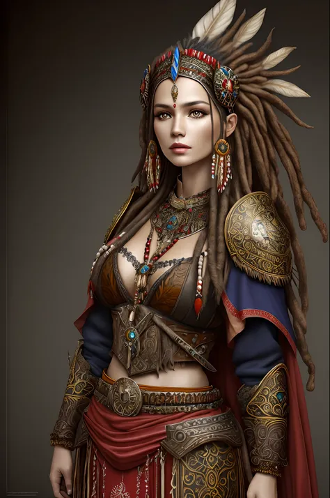 fantasy shaman, beautiful hungarian|indonesian woman, with dreadlocks, wearing ornate intricately decorated leather armor, realistic render,