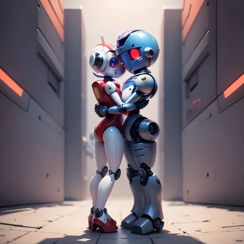 cartoon style, game character, ((small robot hugging a big robot)), machine, masterpiece, unique, 8K, ((full body)), white background