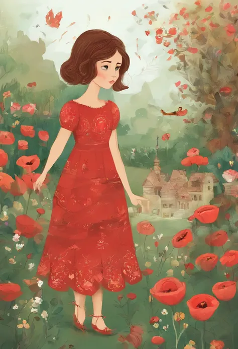 Illustration of a girl, con un vestido rojo, Playing in a garden, amapolas, short brown hair, kids book illustration, cute storybook illustration, ADorable pintura Digital, illustration for children, childrens illustration, hermoso arte digital,