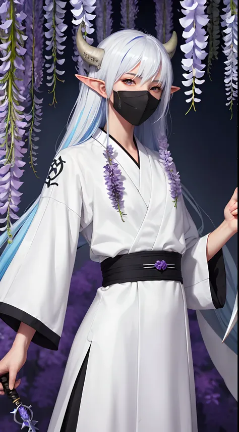 White hair with blue tips, guy, the anime, elven ears, Galuboye Haori Demon Slayers, Background with wisteria flowers, Ice Blade, Black Mask