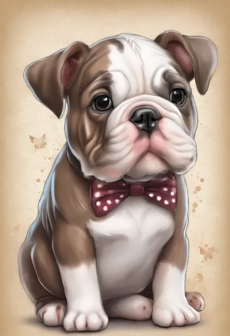 Make a chocolate merle English bulldog puppy with several spots and a pacifier in its mouth, kawaii style