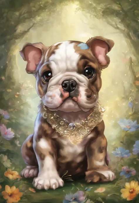 Make a chocolate merle English bulldog puppy with several spots and a pacifier in its mouth, kawaii style