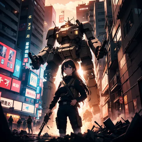 (Girl soldier confronts military robot)、(Black combat uniform)、thick body、 Photorealsitic:1.4、(long Brond Hair:1.2)、(Have multiple weapons:1.2)、rubble、((超A high resolution))、Detail Write、​masterpiece、top-quality、Cinematographic lighting、lensflare、Depth of ...