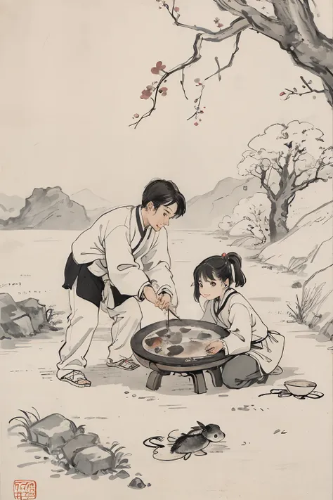 （tmasterpiece，best qualtiy：1.2），Tradition Chinese Ink Painting，Two children catching shrimp