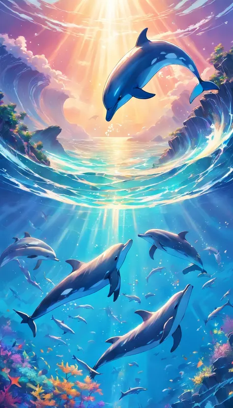 Painting of dolphins swimming in colorful ocean, Look up at the composition, Live water and whales from the sky, inspired by Cyril Rolando, dreamy psychedelic anime, colorful anime movie background, A beautiful artwork illustration, author：Shitao, colorful...