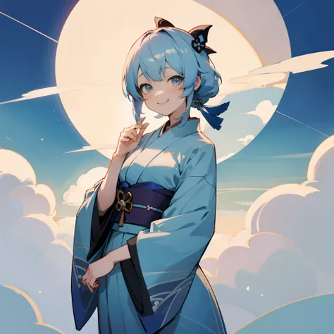 [Genshin Impact], [KamisatoAyaka 1.5] sky blue hair, smile, elegant, beautiful, japanese kimono